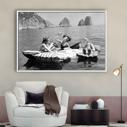 Woman Eating Spaghetti on Lake Print, Black and White, Dining Room Wall Decor, Floating Framed Canvas Print