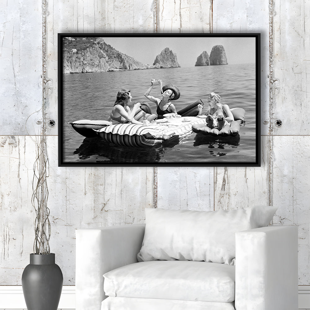 Woman Eating Spaghetti on Lake Print, Black and White, Dining Room Wall Decor, Floating Framed Canvas Print