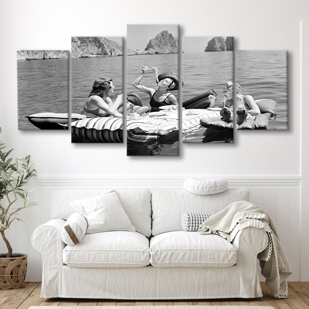 Woman Eating Spaghetti on Lake Print, Black and White, Dining Room Wall Decor, Mixed 5 Pieces Canvas Print