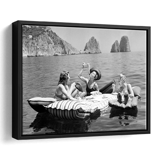 Woman Eating Spaghetti on Lake Print, Black and White, Dining Room Wall Decor, Floating Framed Canvas Print