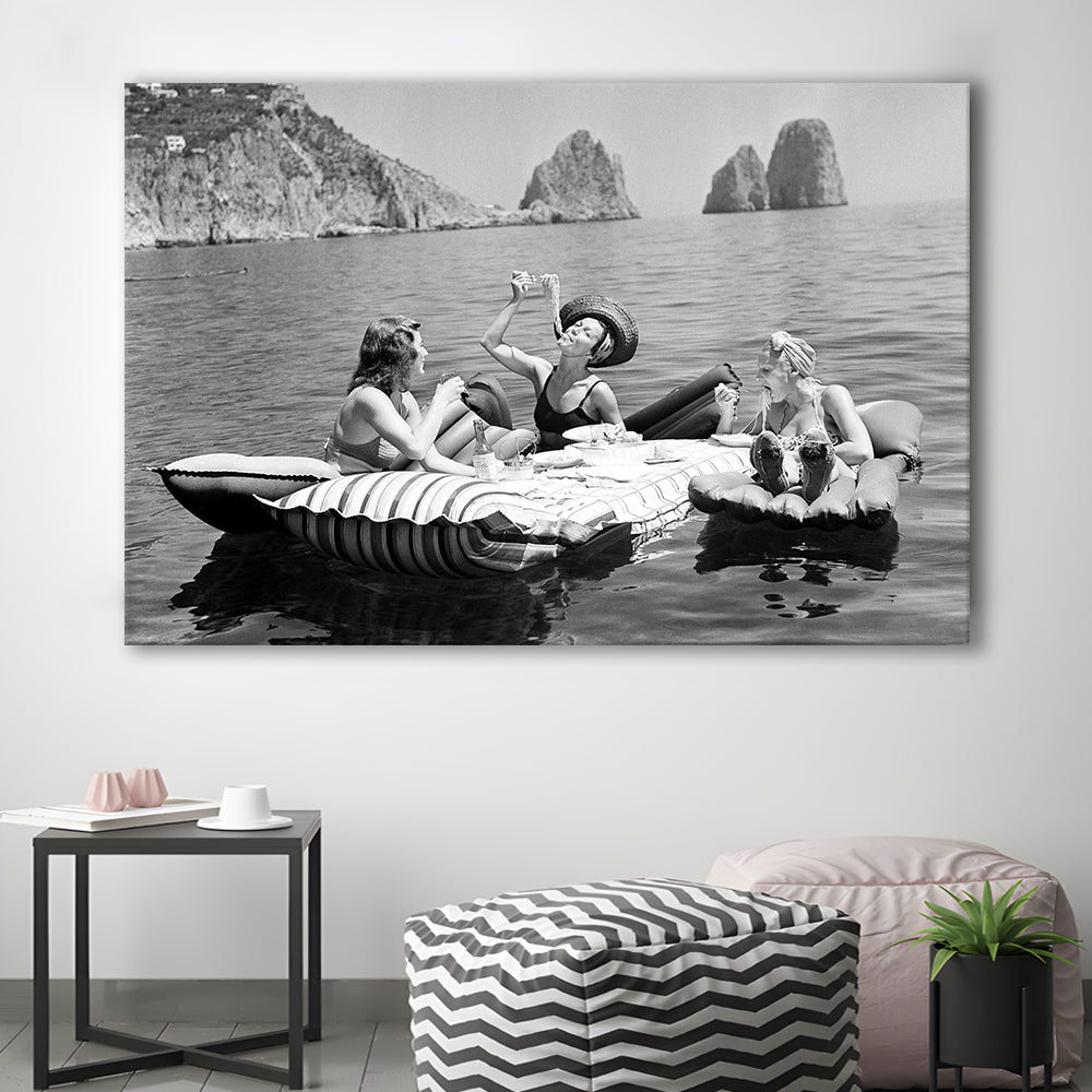 Woman Eating Spaghetti on Lake Print, Black and White, Dining Room Wall Decor, Canvas Print Wall Art Decor