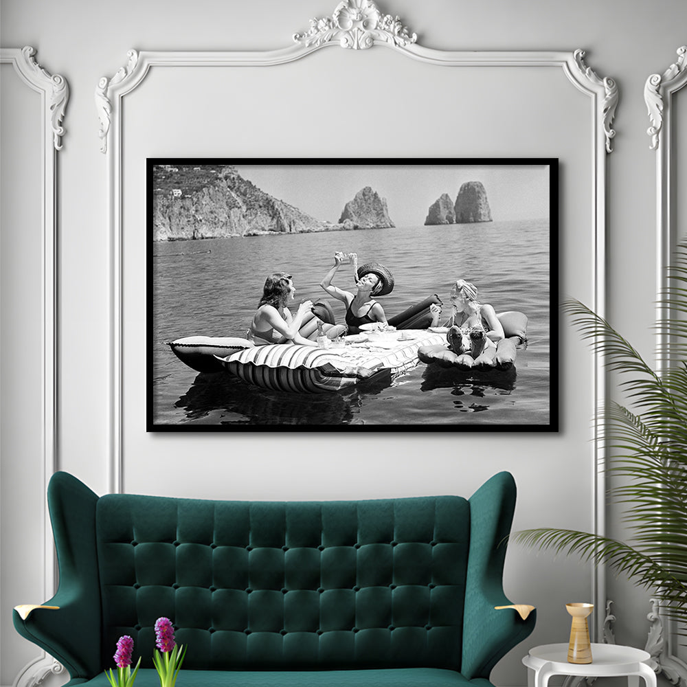 Woman Eating Spaghetti on Lake Print, Black and White, Dining Room Wall Decor, Framed Art Print Wall Decor