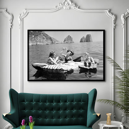 Woman Eating Spaghetti on Lake Print, Black and White, Dining Room Wall Decor, Framed Art Print Wall Decor