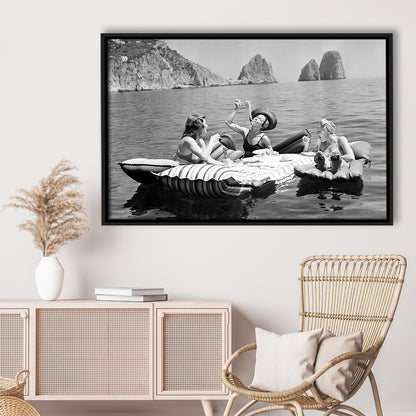 Woman Eating Spaghetti on Lake Print, Black and White, Dining Room Wall Decor, Floating Framed Canvas Print