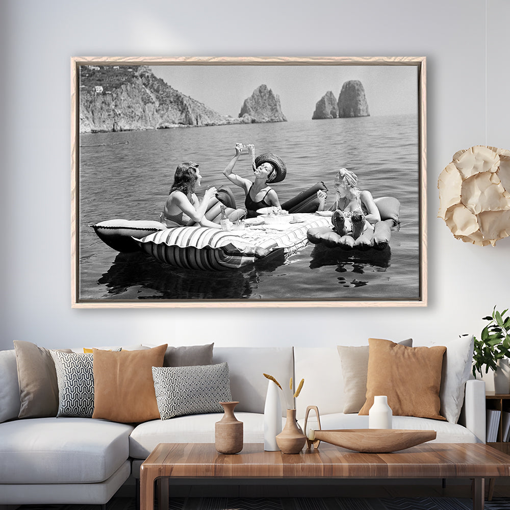 Woman Eating Spaghetti on Lake Print, Black and White, Dining Room Wall Decor, Floating Framed Canvas Print