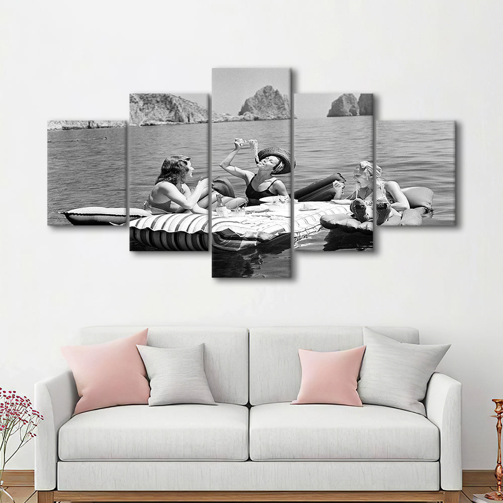 Woman Eating Spaghetti on Lake Print, Black and White, Dining Room Wall Decor, Mixed 5 Pieces Canvas Print
