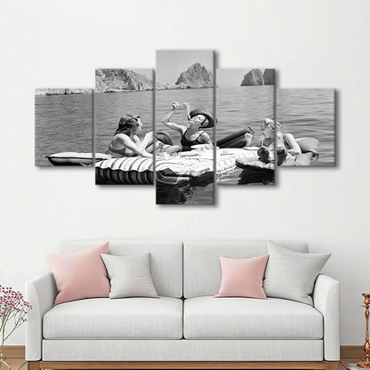 Woman Eating Spaghetti on Lake Print, Black and White, Dining Room Wall Decor, Mixed 5 Pieces Canvas Print