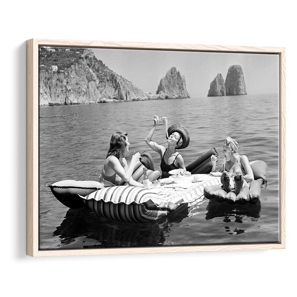 Woman Eating Spaghetti on Lake Print, Black and White, Dining Room Wall Decor, Floating Framed Canvas Print