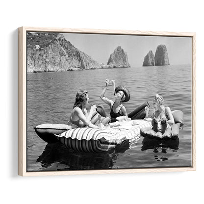 Woman Eating Spaghetti on Lake Print, Black and White, Dining Room Wall Decor, Floating Framed Canvas Print