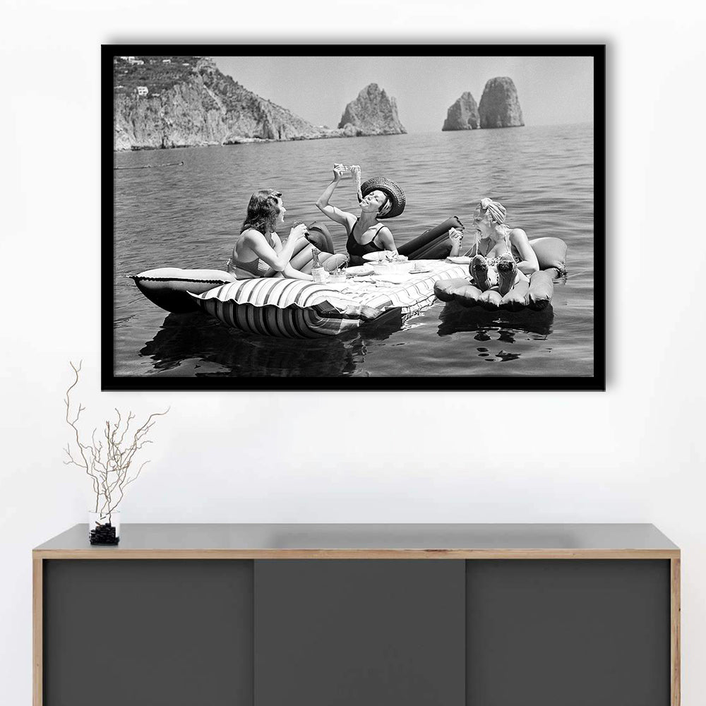 Woman Eating Spaghetti on Lake Print, Black and White, Dining Room Wall Decor, Framed Art Print Wall Decor