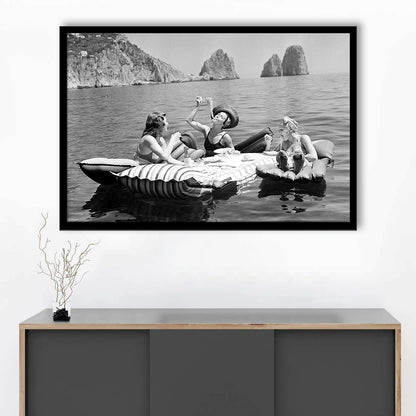 Woman Eating Spaghetti on Lake Print, Black and White, Dining Room Wall Decor, Framed Art Print Wall Decor