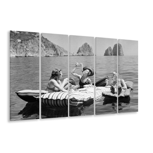 Woman Eating Spaghetti on Lake Print, Black and White, Dining Room Wall Decor, 5 Pieces Large Canvas Print