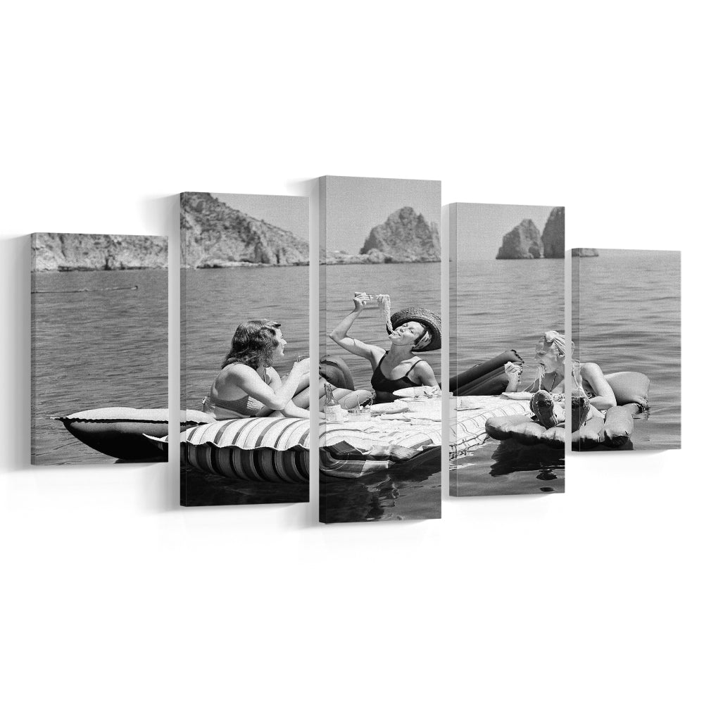 Woman Eating Spaghetti on Lake Print, Black and White, Dining Room Wall Decor, Mixed 5 Pieces Canvas Print