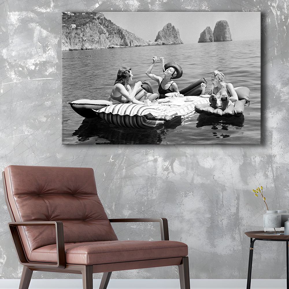Woman Eating Spaghetti on Lake Print, Black and White, Dining Room Wall Decor, Canvas Print Wall Art Decor