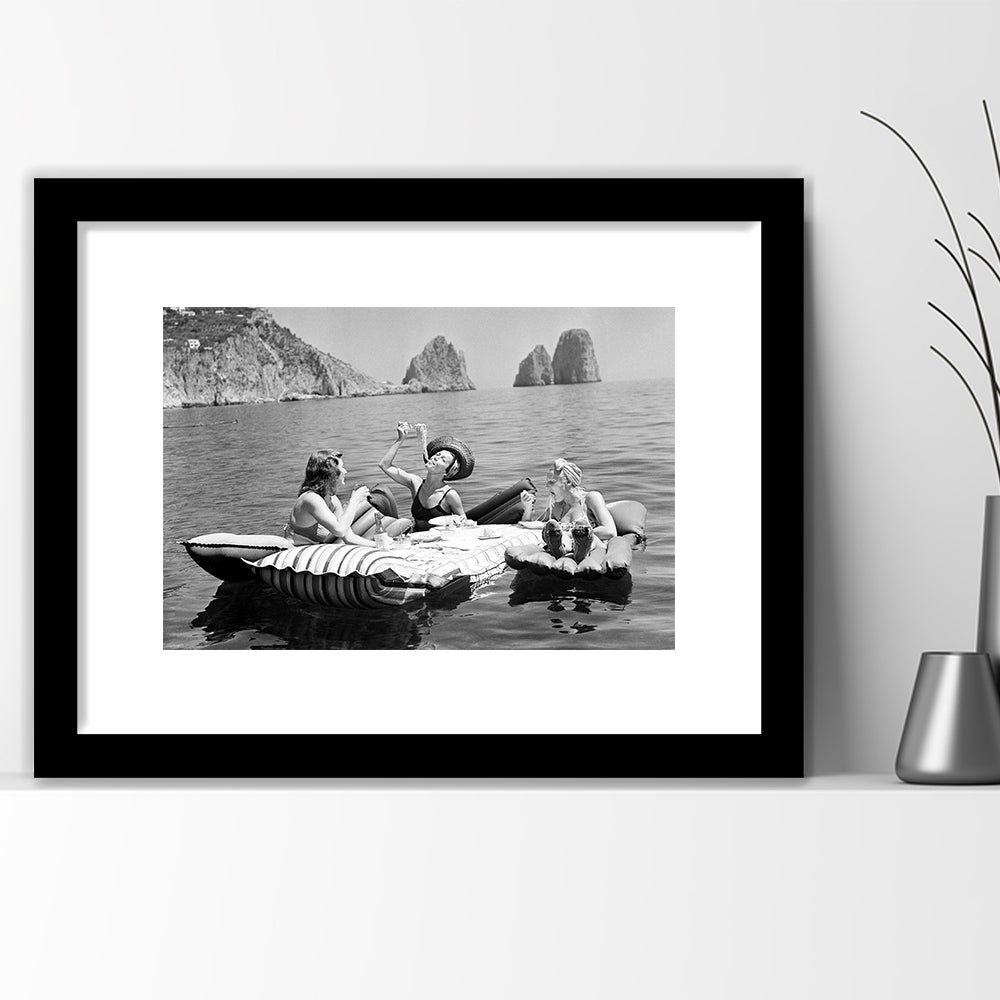 Woman Eating Spaghetti on Lake Print, Black and White, Dining Room Wall Decor, Framed Art Print White Border Wall Decor