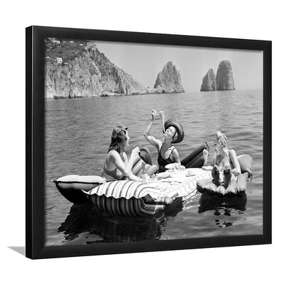 Woman Eating Spaghetti on Lake Print, Black and White, Dining Room Wall Decor, Framed Art Print Wall Decor