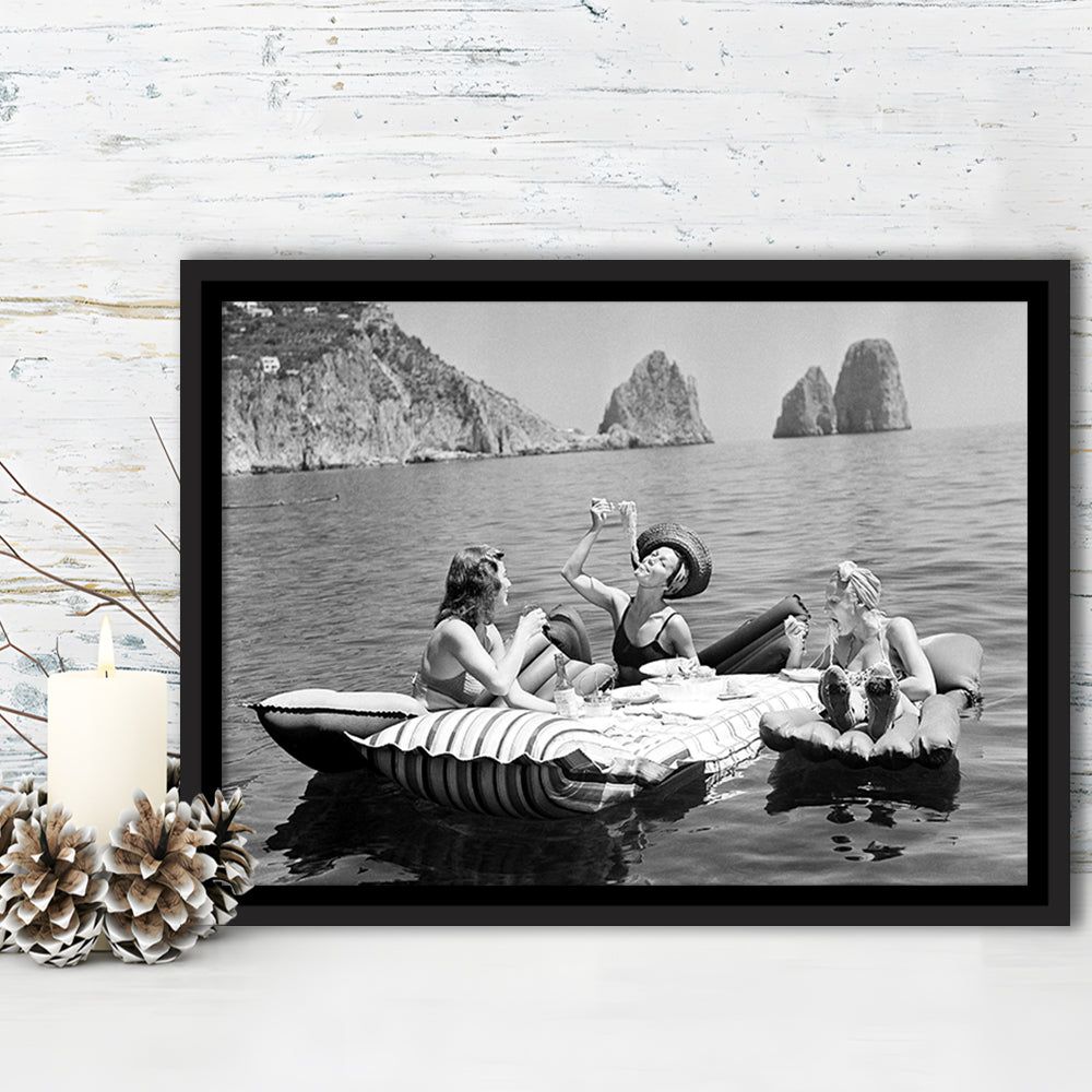 Woman Eating Spaghetti on Lake Print, Black and White, Dining Room Wall Decor, Floating Framed Canvas Print