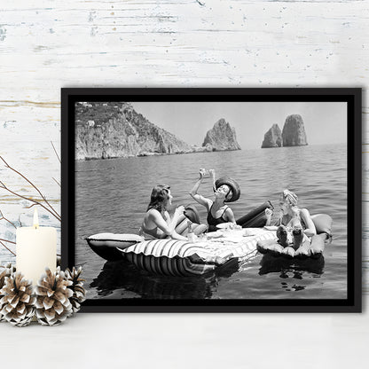 Woman Eating Spaghetti on Lake Print, Black and White, Dining Room Wall Decor, Floating Framed Canvas Print