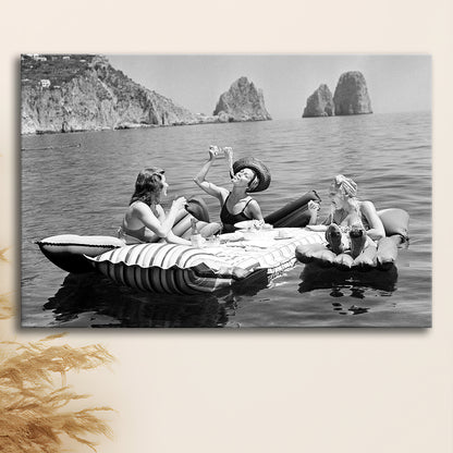 Woman Eating Spaghetti on Lake Print, Black and White, Dining Room Wall Decor, Canvas Print Wall Art Decor