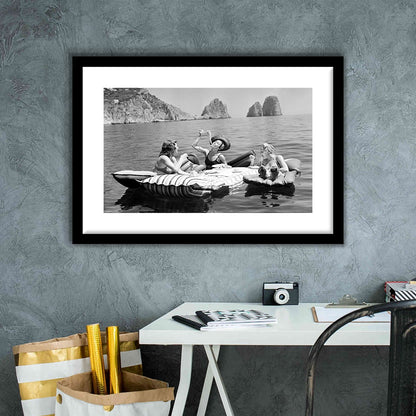 Woman Eating Spaghetti on Lake Print, Black and White, Dining Room Wall Decor, Framed Art Print White Border Wall Decor