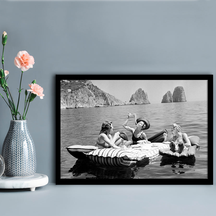 Woman Eating Spaghetti on Lake Print, Black and White, Dining Room Wall Decor, Framed Art Print Wall Decor