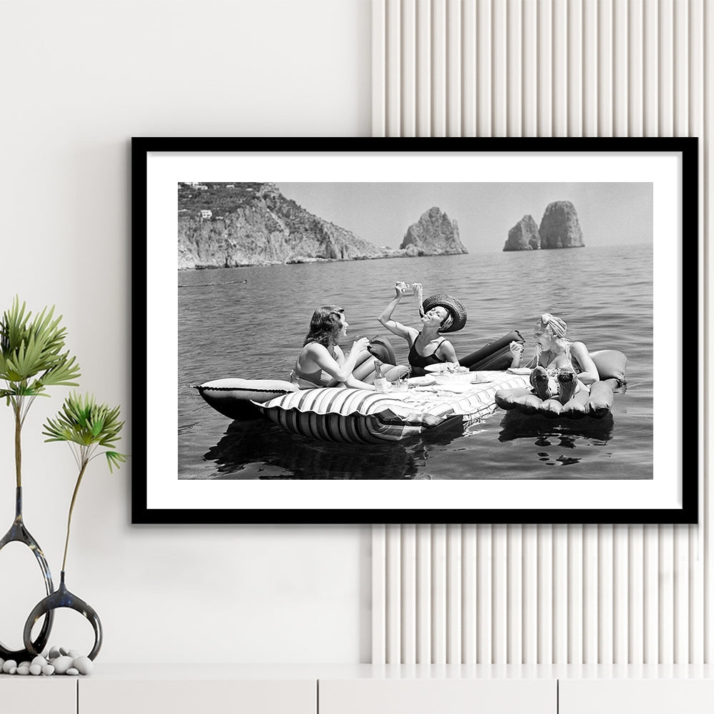 Woman Eating Spaghetti on Lake Print, Black and White, Dining Room Wall Decor, Framed Art Print White Border Wall Decor