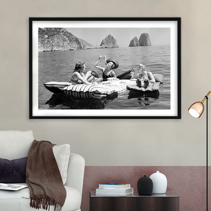 Woman Eating Spaghetti on Lake Print, Black and White, Dining Room Wall Decor, Framed Art Print White Border Wall Decor