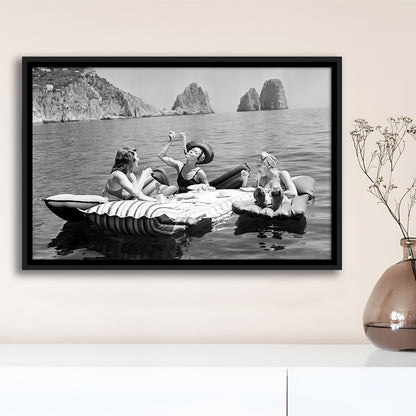 Woman Eating Spaghetti on Lake Print, Black and White, Dining Room Wall Decor, Floating Framed Canvas Print