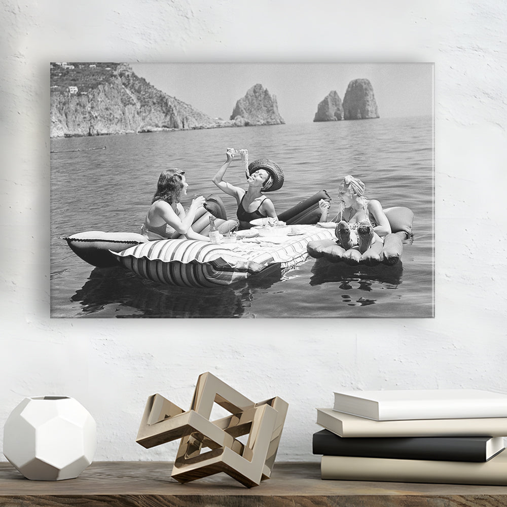 Woman Eating Spaghetti on Lake Print, Black and White, Dining Room Wall Decor, Canvas Print Wall Art Decor