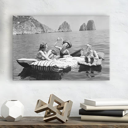 Woman Eating Spaghetti on Lake Print, Black and White, Dining Room Wall Decor, Canvas Print Wall Art Decor