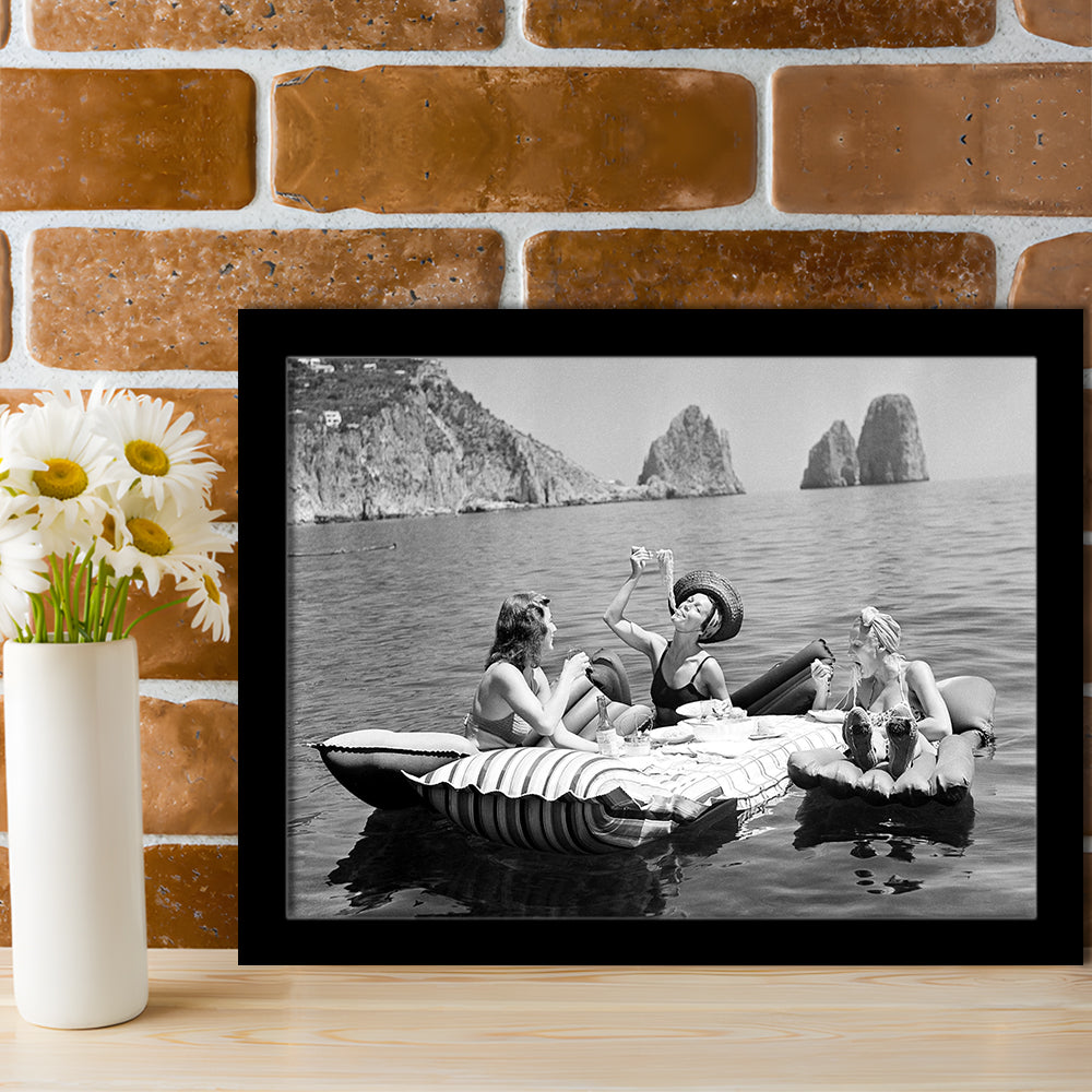 Woman Eating Spaghetti on Lake Print, Black and White, Dining Room Wall Decor, Framed Art Print Wall Decor