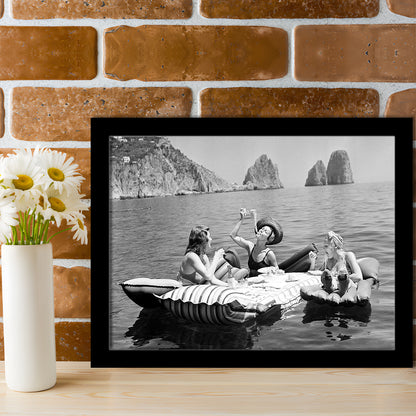 Woman Eating Spaghetti on Lake Print, Black and White, Dining Room Wall Decor, Framed Art Print Wall Decor