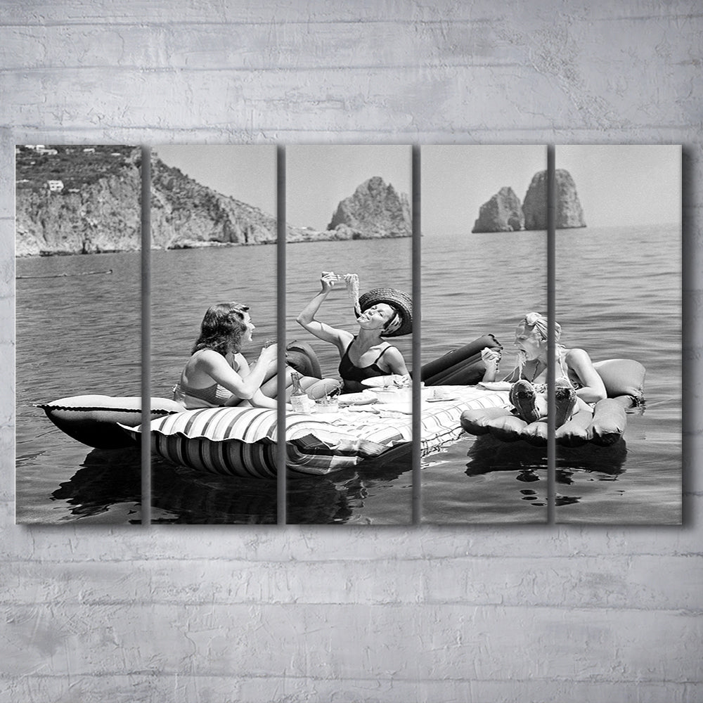 Woman Eating Spaghetti on Lake Print, Black and White, Dining Room Wall Decor, 5 Pieces Large Canvas Print