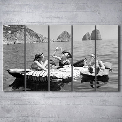 Woman Eating Spaghetti on Lake Print, Black and White, Dining Room Wall Decor, 5 Pieces Large Canvas Print