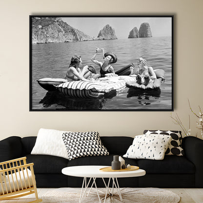 Woman Eating Spaghetti on Lake Print, Black and White, Dining Room Wall Decor, Floating Framed Canvas Print