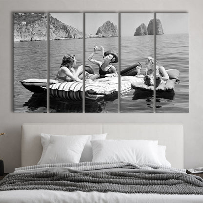 Woman Eating Spaghetti on Lake Print, Black and White, Dining Room Wall Decor, 5 Pieces Large Canvas Print