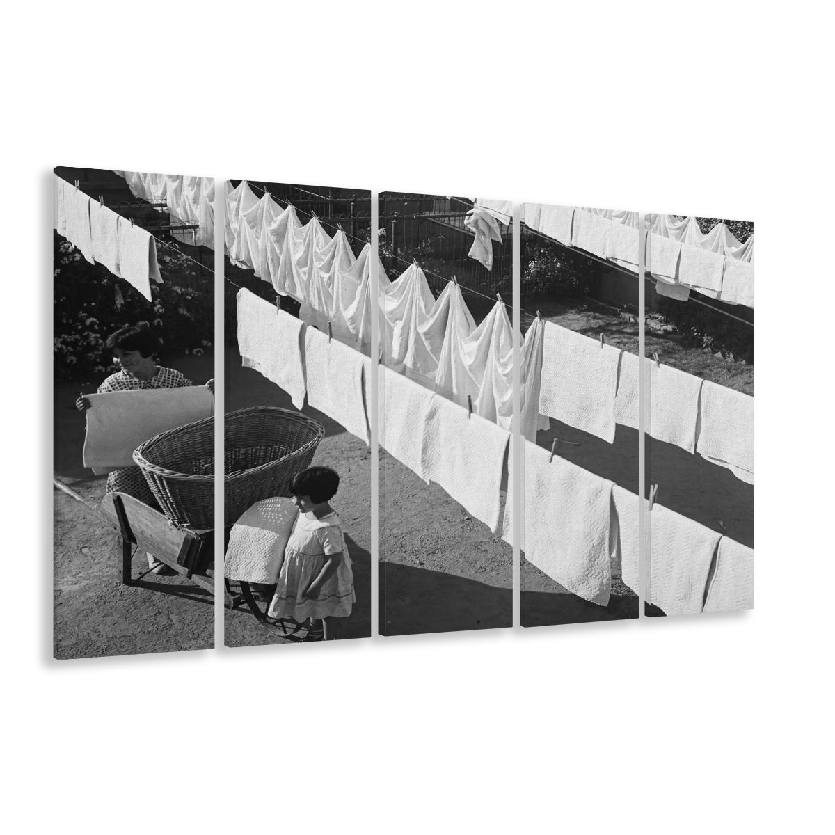 Woman Hanging Laundry Black and White Art Laundry Room Decor, 5 Pieces Large Canvas Print
