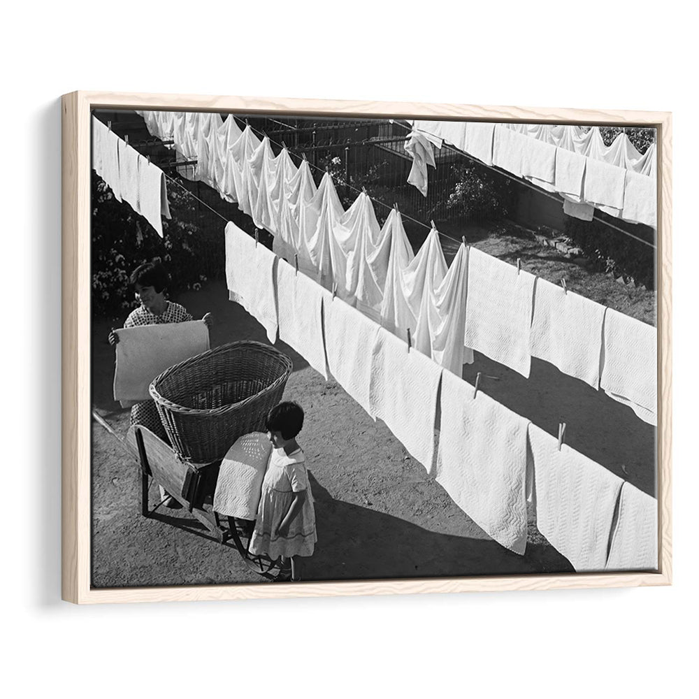 Woman Hanging Laundry Black and White Art Laundry Room Decor, Floating Framed Canvas Print