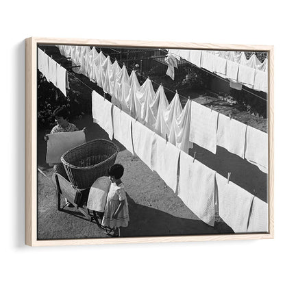 Woman Hanging Laundry Black and White Art Laundry Room Decor, Floating Framed Canvas Print