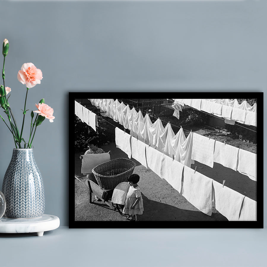 Woman Hanging Laundry Black and White Art Laundry Room Decor, Framed Art Print Wall Decor