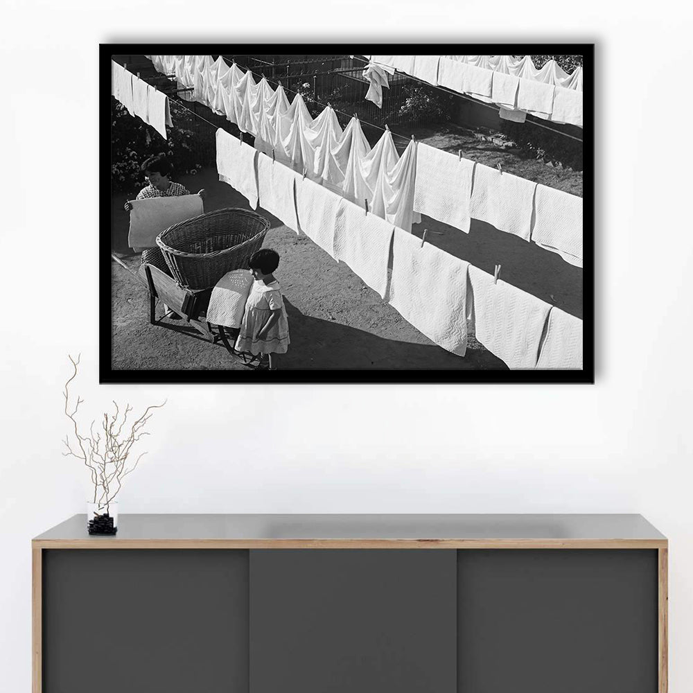 Woman Hanging Laundry Black and White Art Laundry Room Decor, Framed Art Print Wall Decor