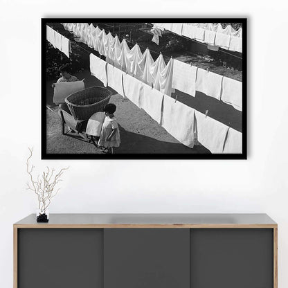 Woman Hanging Laundry Black and White Art Laundry Room Decor, Framed Art Print Wall Decor