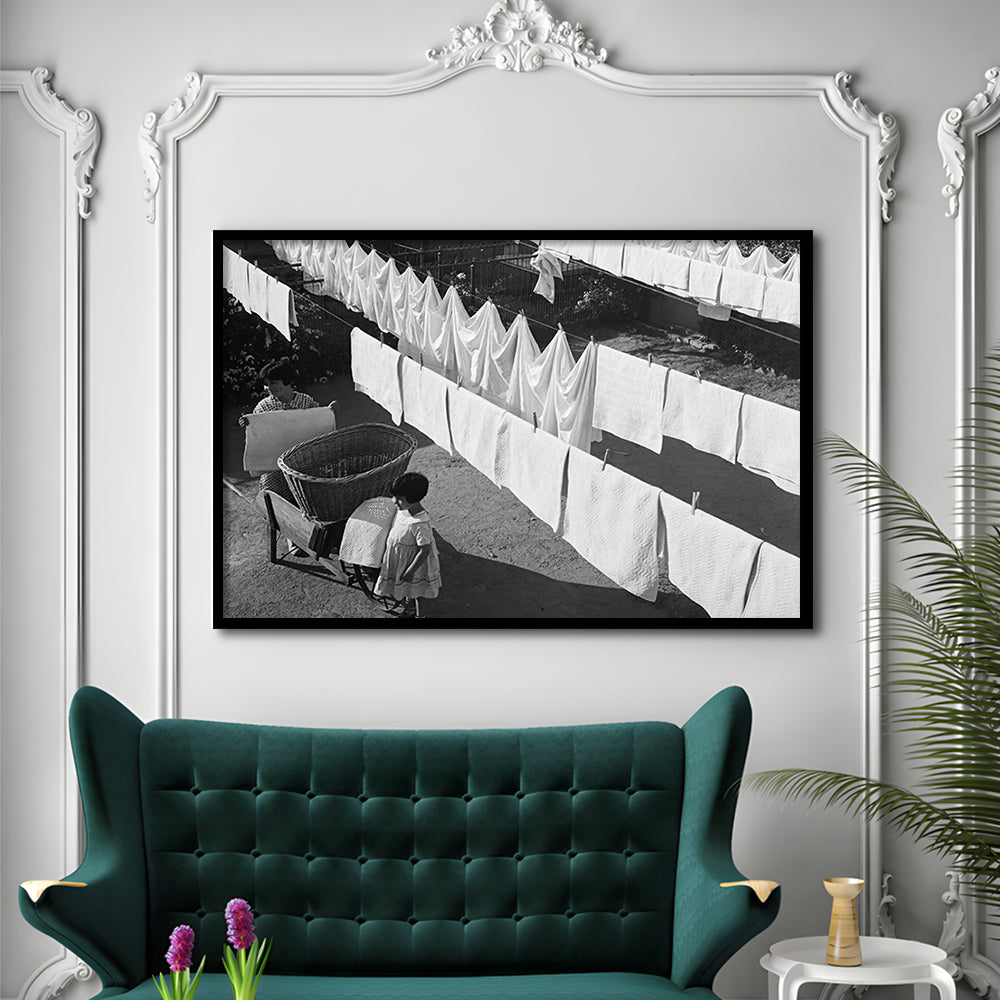 Woman Hanging Laundry Black and White Art Laundry Room Decor, Framed Art Print Wall Decor