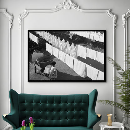 Woman Hanging Laundry Black and White Art Laundry Room Decor, Framed Art Print Wall Decor
