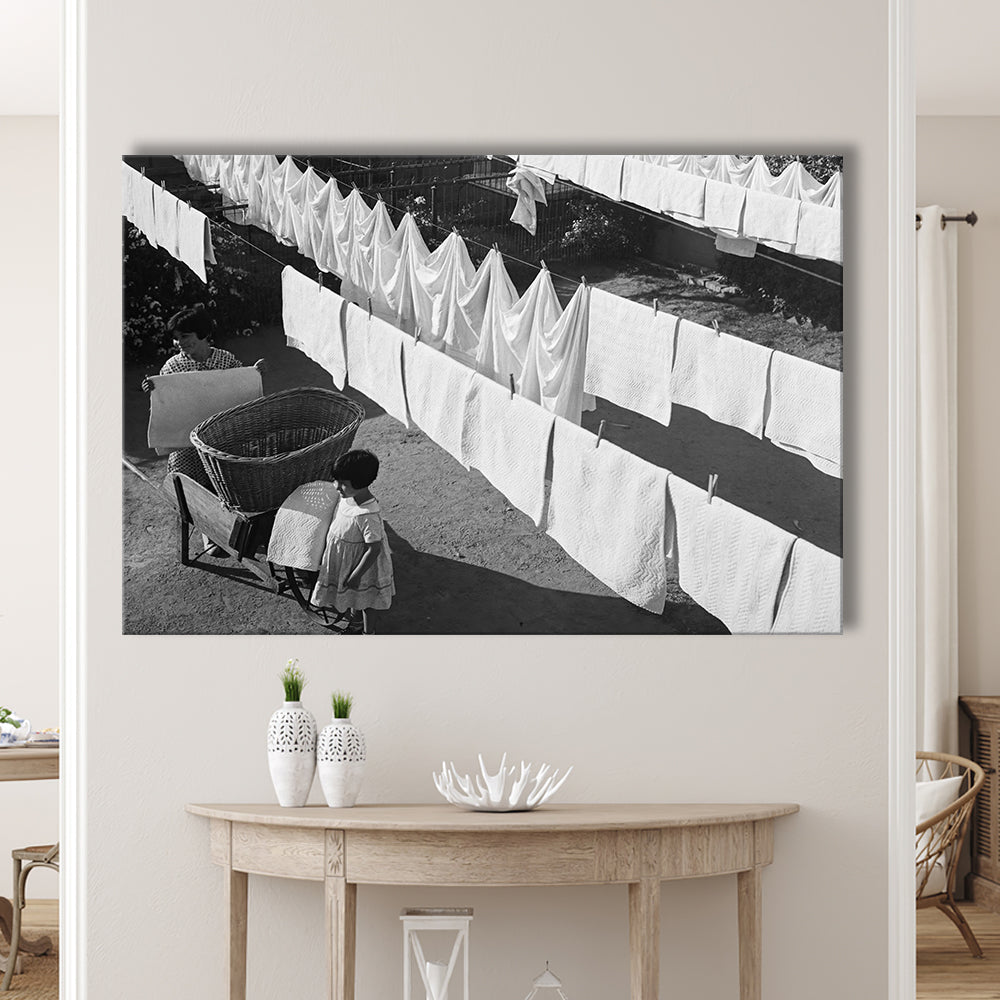 Woman Hanging Laundry Black and White Art Laundry Room Decor, Canvas Print Wall Art Decor