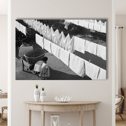 Woman Hanging Laundry Black and White Art Laundry Room Decor, Canvas Print Wall Art Decor