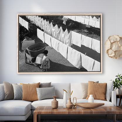 Woman Hanging Laundry Black and White Art Laundry Room Decor, Floating Framed Canvas Print