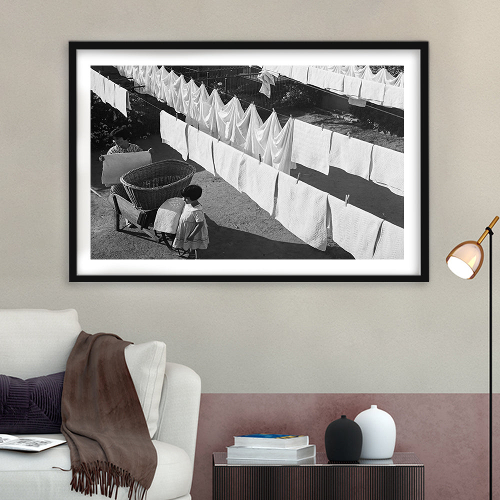 Woman Hanging Laundry Black and White Art Laundry Room Decor, Framed Art Print White Border Wall Decor