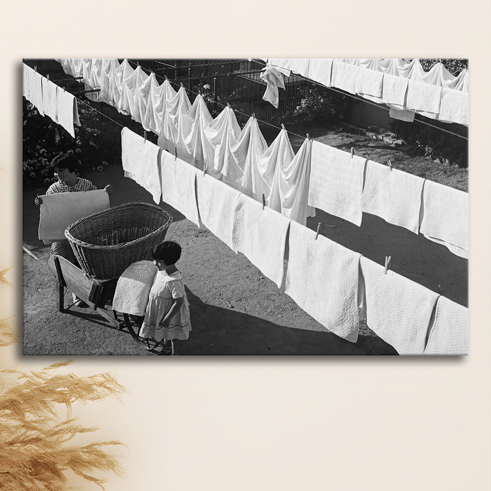 Woman Hanging Laundry Black and White Art Laundry Room Decor, Canvas Print Wall Art Decor