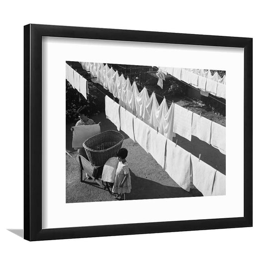 Woman Hanging Laundry Black and White Art Laundry Room Decor, Framed Art Print White Border Wall Decor